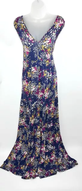 Garnet Hill Navy Blue Floral Maxi Dress With Tiered Hem V Neck Womens M