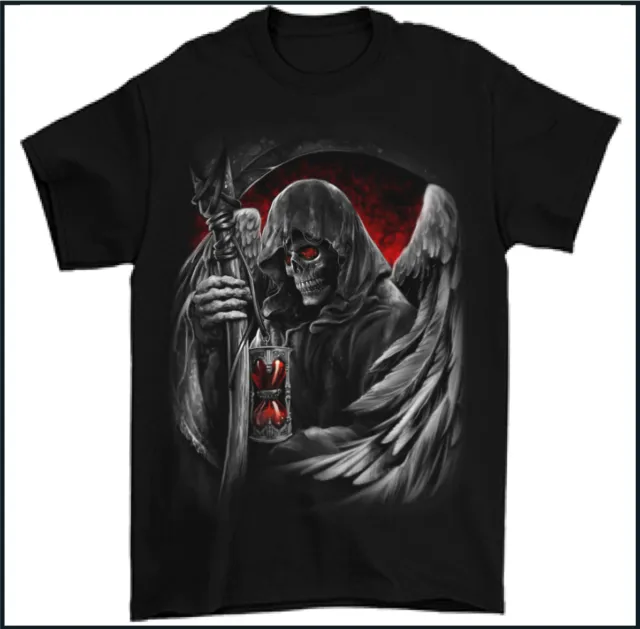 T-shirt Grim Reaper teschio demone heavy metal diavolo lucifer ali hell rider biker