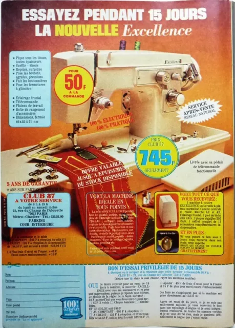 MACHINE A COUDRE Excellence: COUPURE DE PRESSE PUBLICITE 1 PAGE 1976 / CLIPPING