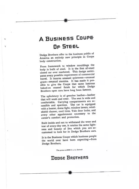 Dodge Brothers Business cupé anuncio impreso revista National Geographic agosto de 1922