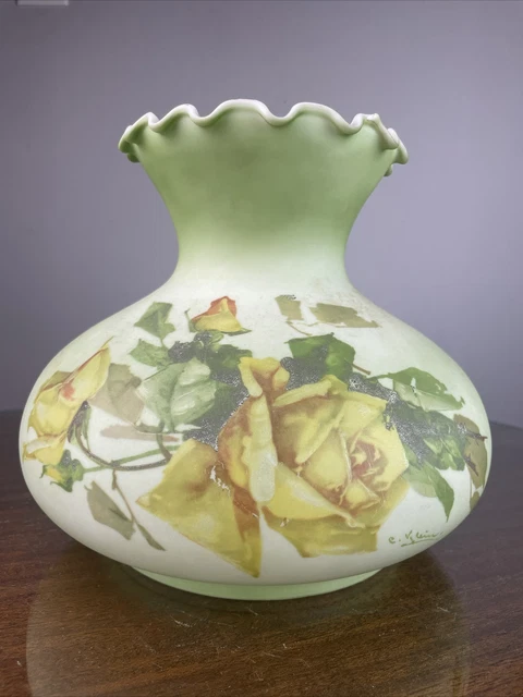 GWTW Hurricane Lamp Shade Yellow Rose Hand Painted Milk Glass Signed 12”