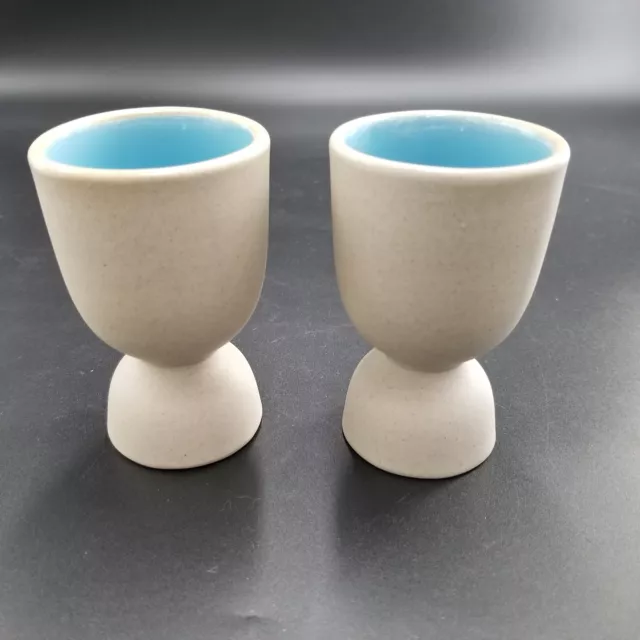 (2) Pigeon Forge Pottery Double Egg Cups Blue Glazed Interior