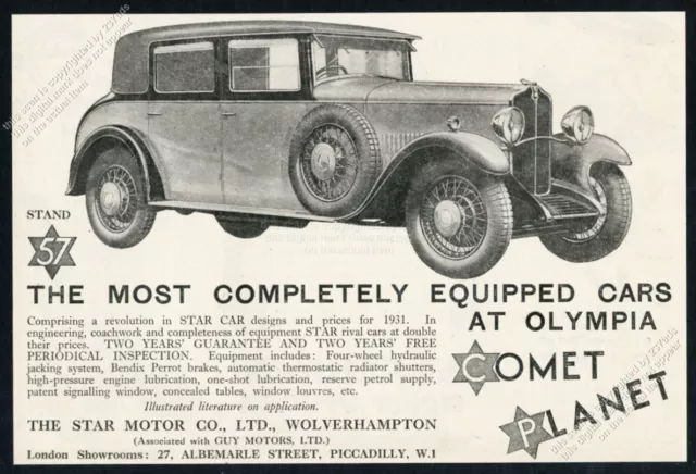 1931 Star Motor Car Comet or Planet photo UK vintage print ad