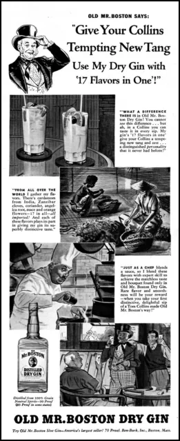 1940 Old Mr Boston Dry Gin 17 flavors in one chefs vintage art print ad L32