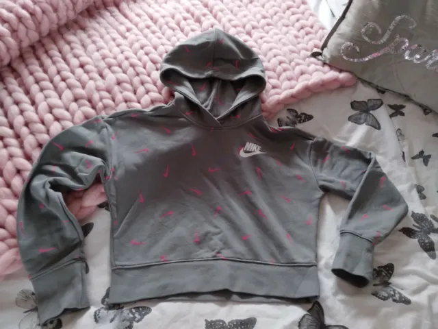 Nike girls grey pink cropped hoodie sweatshirt size L 146-156cm