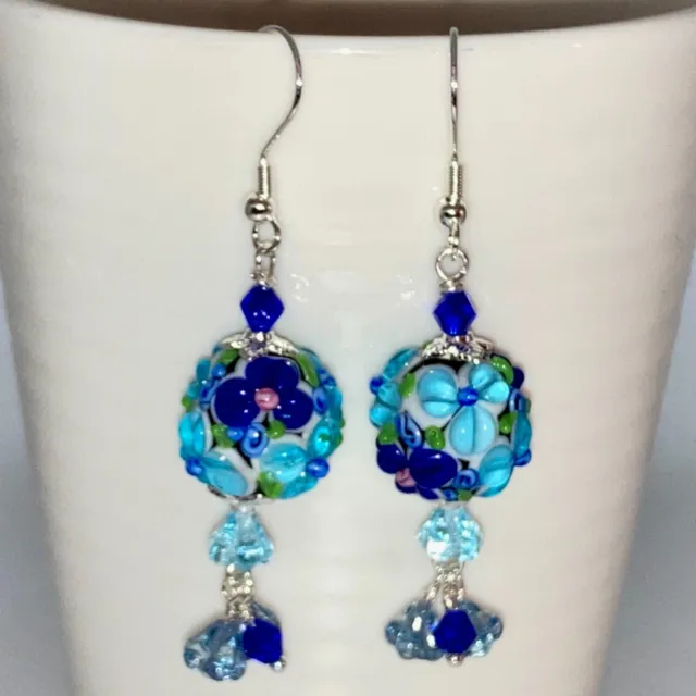 Raised Blue Floral Lampwork Glass, Glass Flower, Crystal .925 Silver Earrings