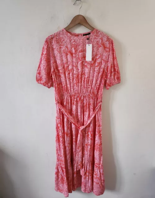 Isawitfirst Pink & Red Floral Puff Slv Midi Dress Size 14 Bnwt