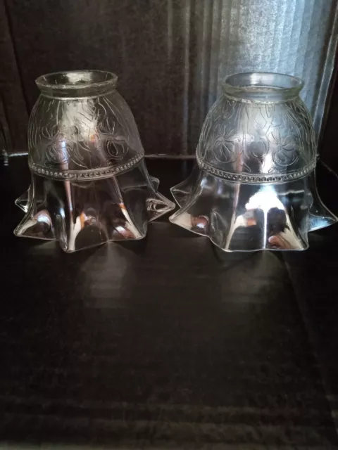 Antique Pair Glass Shades Star Shape Bottom Etched Crystal 1900s 2 1/4” Fitter