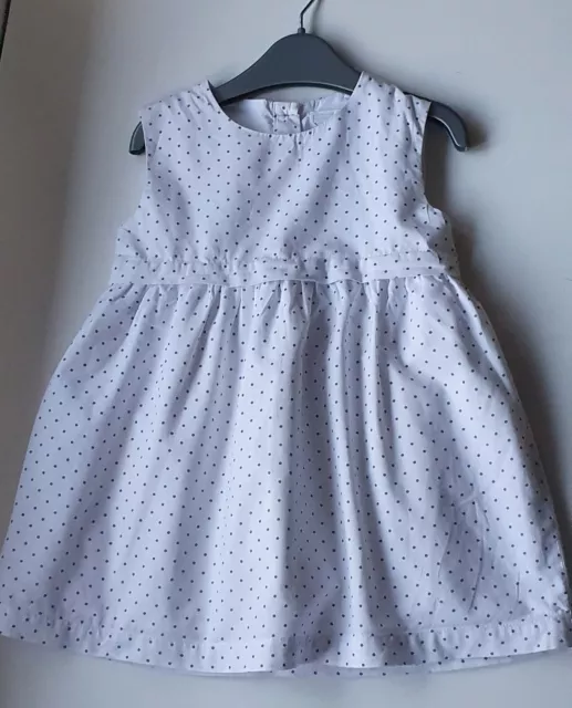 Baby Girls Little White Company White & Blue Spotted Dress, Age 12-18 Mths, vgc