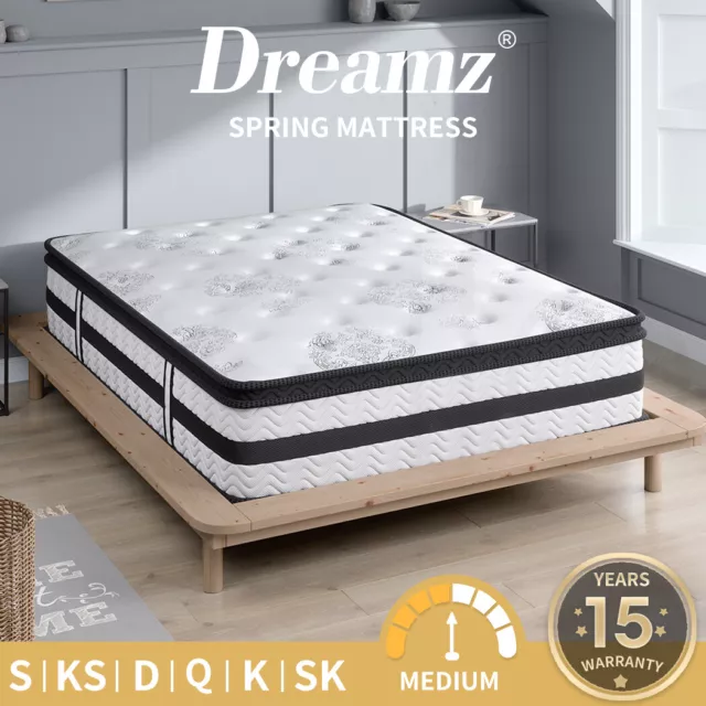 Dreamz Spring Mattress Euro Top Double Bed 5 Zone Pocket Medium Firm Memory 35cm