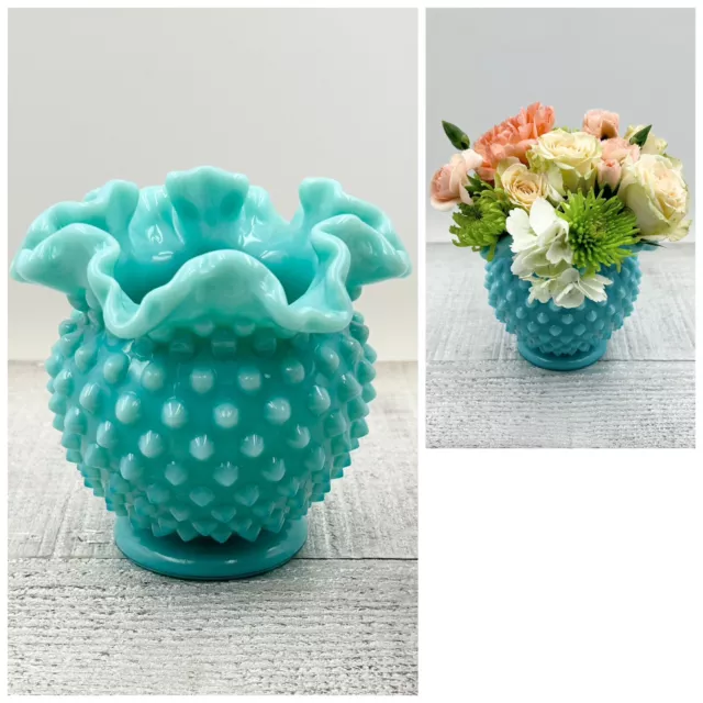 Vtg 1955 FENTON TURQUOISE Hobnail 4.5" DOUBLE CRIMP Vase Round Ruffled