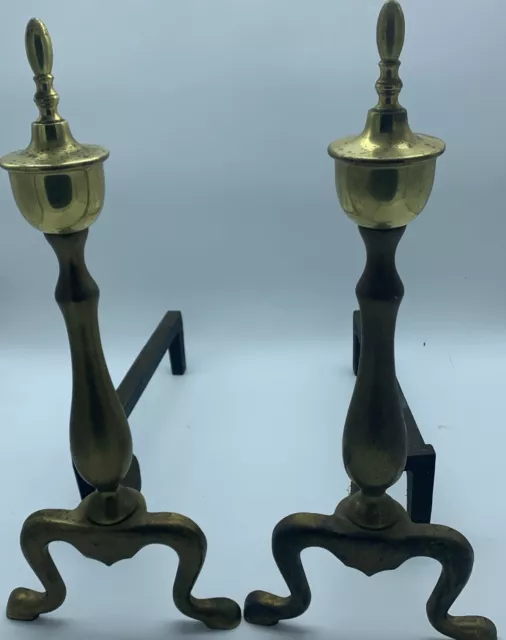 Vintage Antique Fire Dogs Andirons Fireplace Brass 18.5 “ Tall Shiny Decorative