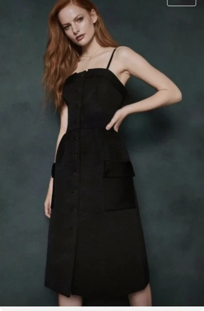 Abito estivo nuovo con etichette Ted Baker Octovia nero con bottoni sul davanti raso UK 2 10 PEZZI £199