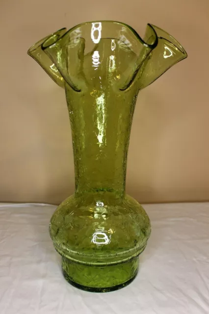 Large VTG Light Green Hand Blown Art Glass Crackle Vase Ruffled Rim 15.25" Tall