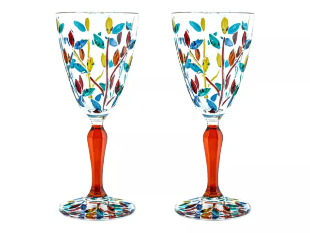 Pair of Murano Wine Glasses Multi Orange Stem Hand Painted Venice Made Italy