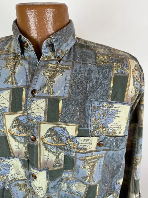 Vintage Cellini Shirt Men S Oversize All Over Print Globe Map Travel Long Sleeve 2