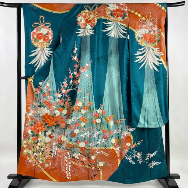 Japanese Silk Kimono Vintage Furisode Gold Gorgeous Blue Embroidery Plum 63in