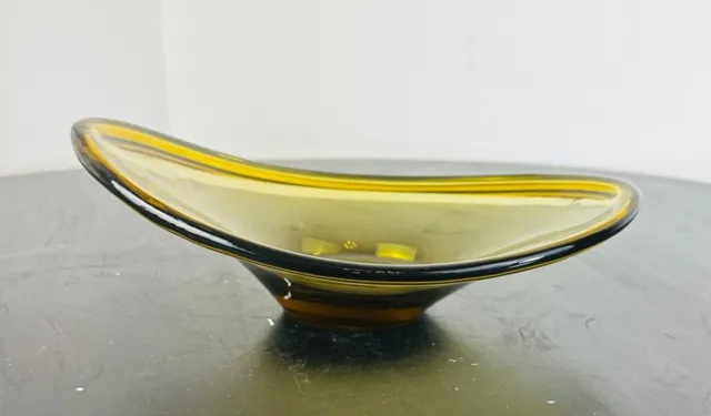 Vintage  Mid Century Modern Oblong Amber Green Glass Console Bowl Dish Art Glass