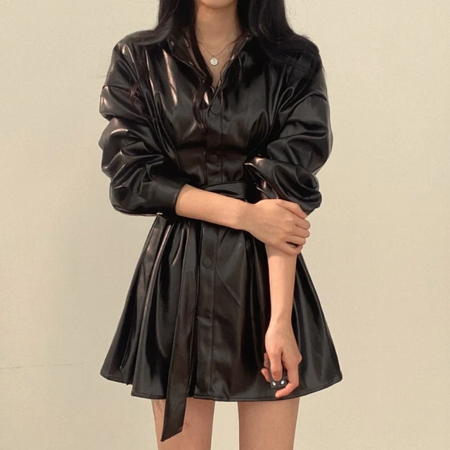 Donna Corto Mini Camicia Abiti Similpelle PU Fibbia Allacciate Cintura Punk Rock