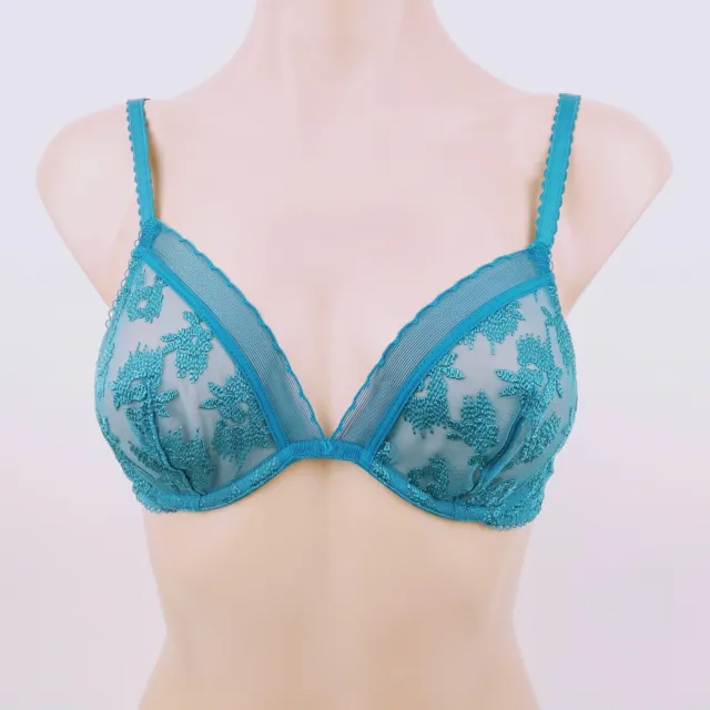 LA PERLA Studio NWT Teal underwire unlined demi bra floral embroidery sheer mesh