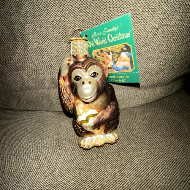 Old World Christmas Blown Glass Chimpanzee Monkey with Banana Ornament