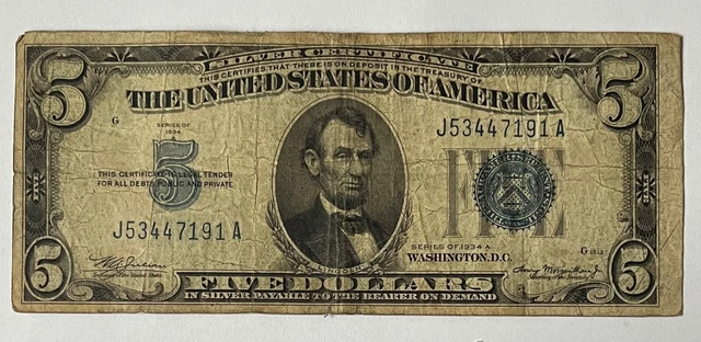 1934 A blue seal 5 dollar silver certificate circulated