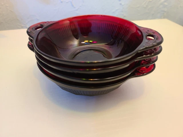 4 Vintage Ruby Red Anchor Hocking Depression Glass Coronation Dessert Bowl Set