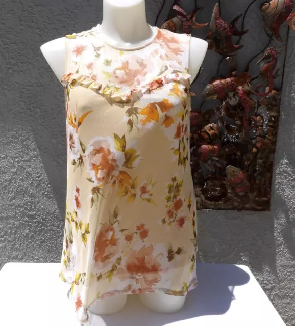 Apt 9 Women's Beige Floral Print Ruffle Yoke Sleeveless Blouse Size PXXL NWT