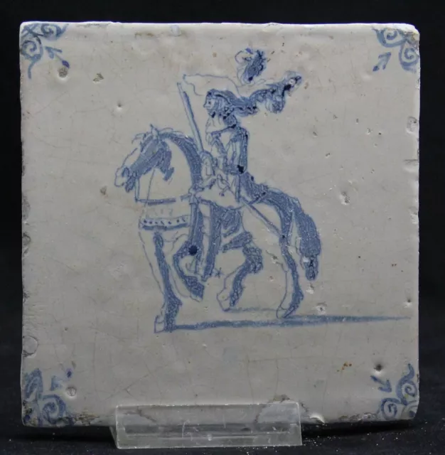 antique 17th C Delft blue Tile, officer of Dutch Civil Guard on horse, ca.1650