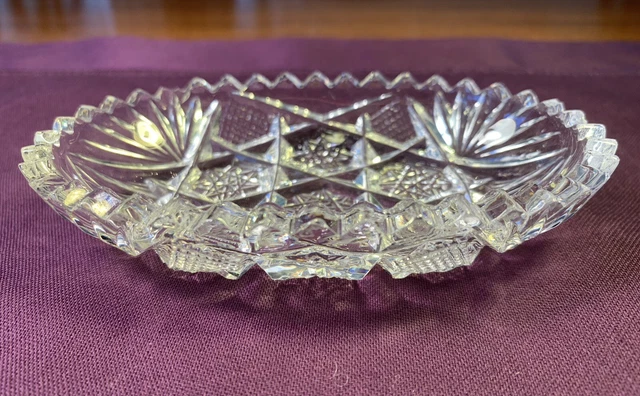Small American Brilliant Cut Glass Oval Bowl Dish, Stars & Sawtooth Edge 4 5/8" 3