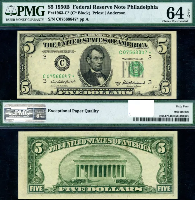 FR. 1963 C* $5 1950-B Federal Reserve Note Philadelphia C-* Block Choice PMG CU6