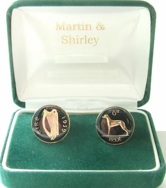 1939 IRELAND cufflinks made from OLD IRISH SIXPENCE in black & gold