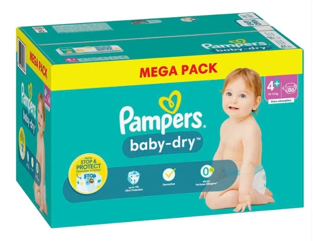 Mega Pack 86 Couches PAMPERS Baby-Dry Taille 4+ Super 10 à 15 KG Lot Change Bébé