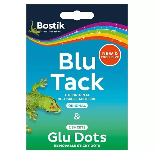 Bostik Blu Tack Original & 2 Blatt Klebepunkte Kombinationspaket Blue Tack ~ NEU