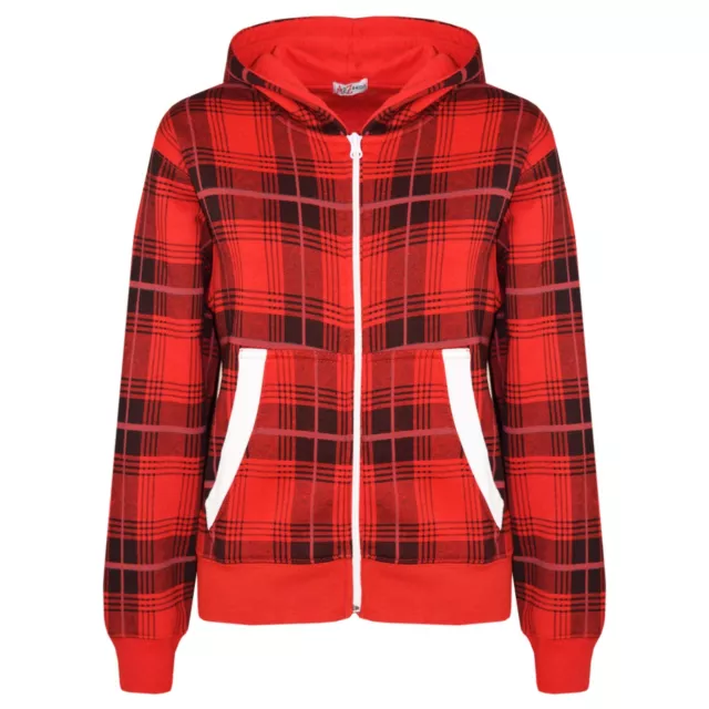 Bambine Ragazzi Rosso Scozzese Stampa Giacca IN Pile Top con Zip Felpa Cappuccio