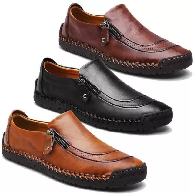 MENS HAND STITCHING Zipper Slip-on Leather Shoes Casual gommino shoes ...