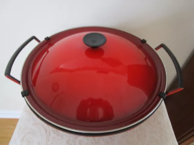 Le Creuset Flame Red Enameled Cast Iron Wok With Lid Stir Fry Pan France VG