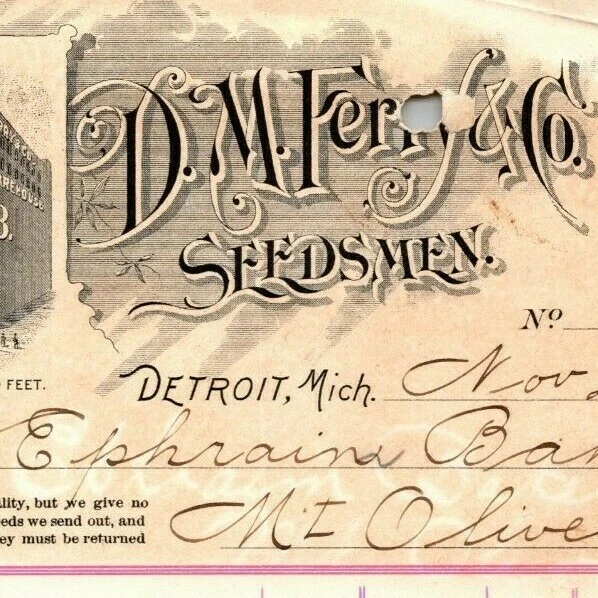 1896 Letterhead Billhead D.M. Ferry Seeds Seedsmen Detroit Ephraim Baker*