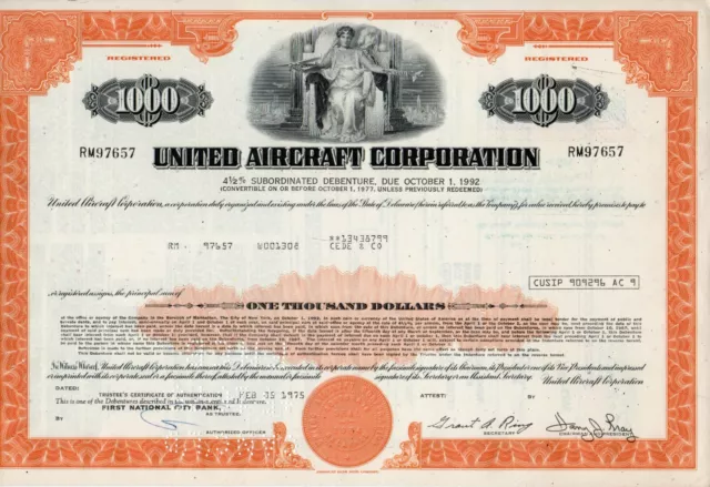 United Aircraft Corporation Bond Certificate 1,000 Dollars