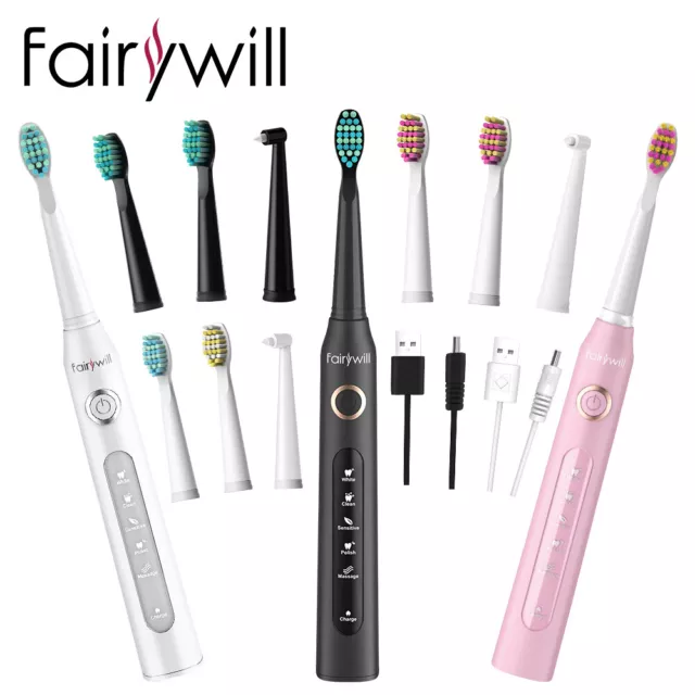 Fairywill Sonic Electric Toothbrush Rechargeable Brush Heads USB Charger 5 Modes