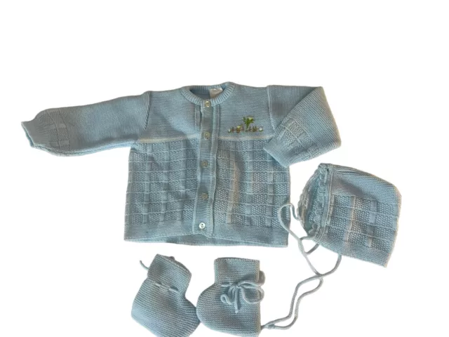 Vintage Baby Blue 0-3-6 Knit Sweater Cardigan RENRO Italy 100% Acrylic hat booti