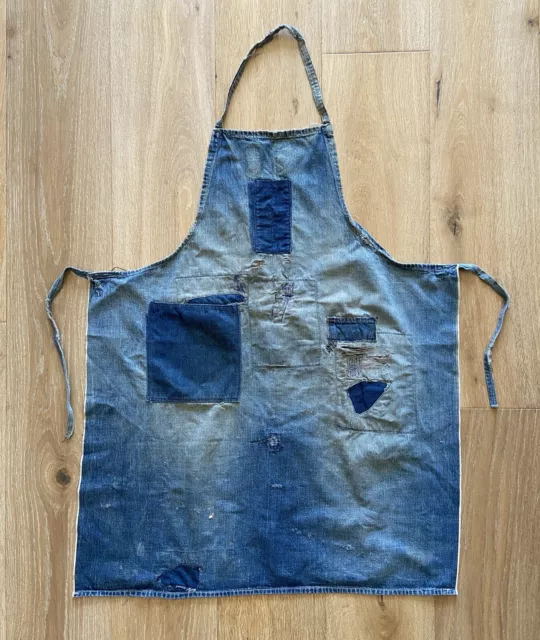 Vintage Selvedge Edge Denim Workwear Apron Indigo Boro Patchwork Chore Machinist