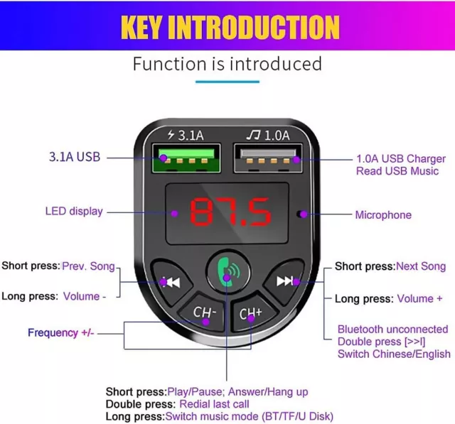 Car Wireless Bluetooth 5.0 FM Transmitter MP3 Player USB Car Charger Adapter UK 2