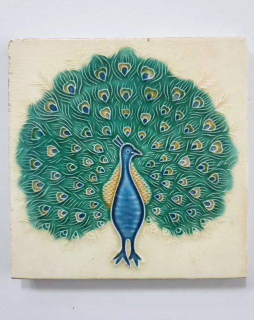 Vintage Majolica Tile DANCING PEACOCK 6in x 6in Japan (6671)