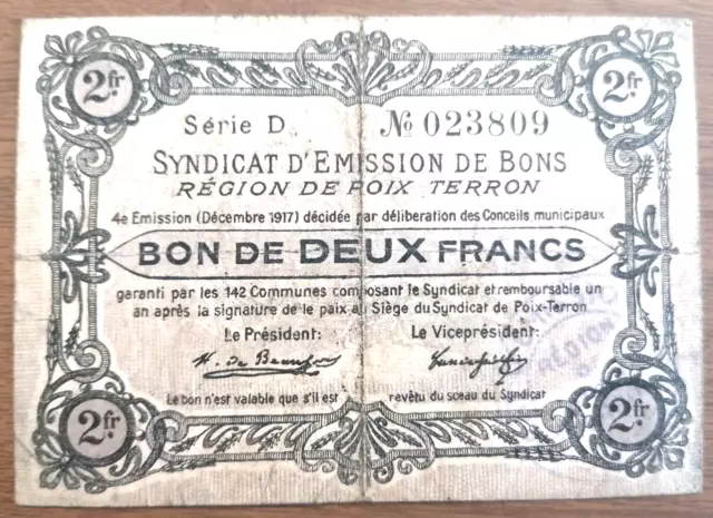 2 Francs FRANCE régionalisme et divers Poix-Terron 1917