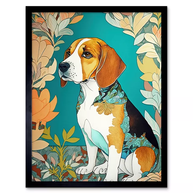 Beagle Dog Floral Ornate Fur Colourful Framed Wall Art Picture Print 12x16