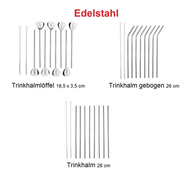 10-tlg. Edelstahl Trinkhalm Set + Reinigungsbürsten Trinkhalmlöffel Strohhalme