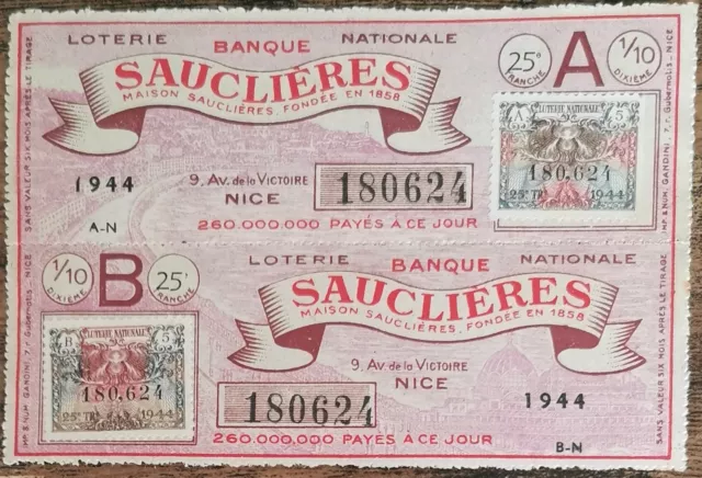 Billet de loterie nationale entier 1944 25e tr A et B entier - BANQUE SAUCLIERES