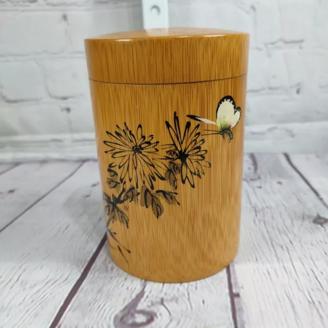 VTG Asian Bamboo Box or Tea Cabby 5”x3.5” Flowers & Butterfly BOHO Decor Natural