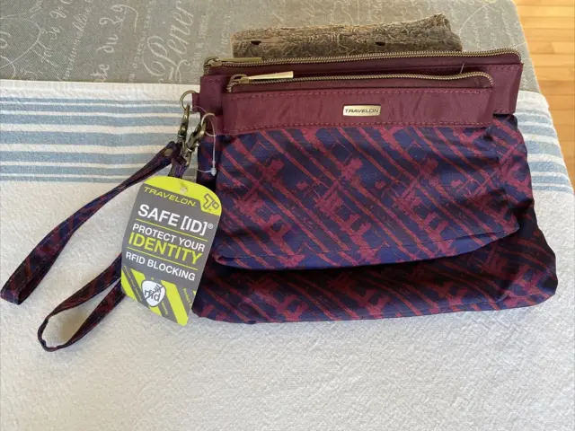 Travelon Safe Id Rfid Blocking Set Of 2 Full Zip Secure Wristlet Bags New Tags